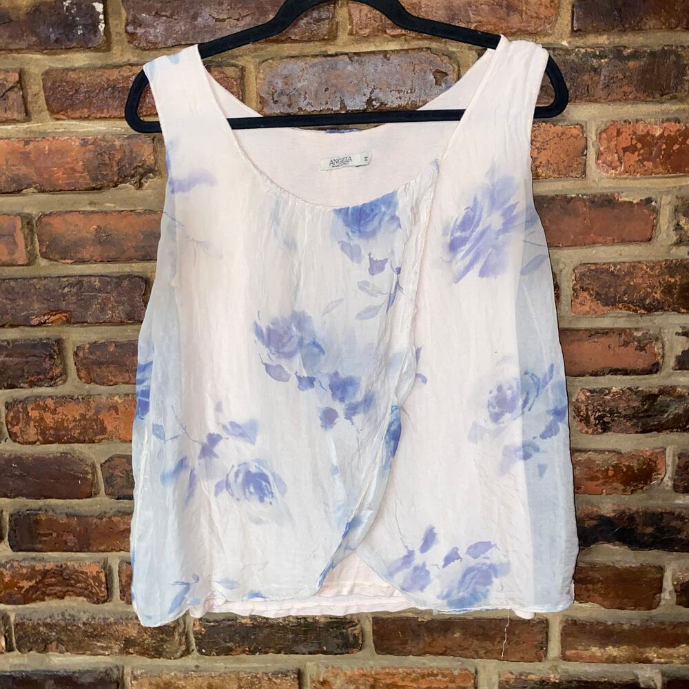 Angela Baby Pink Blue Floral Tulip 100% Silk Blouse Women's Size Medium